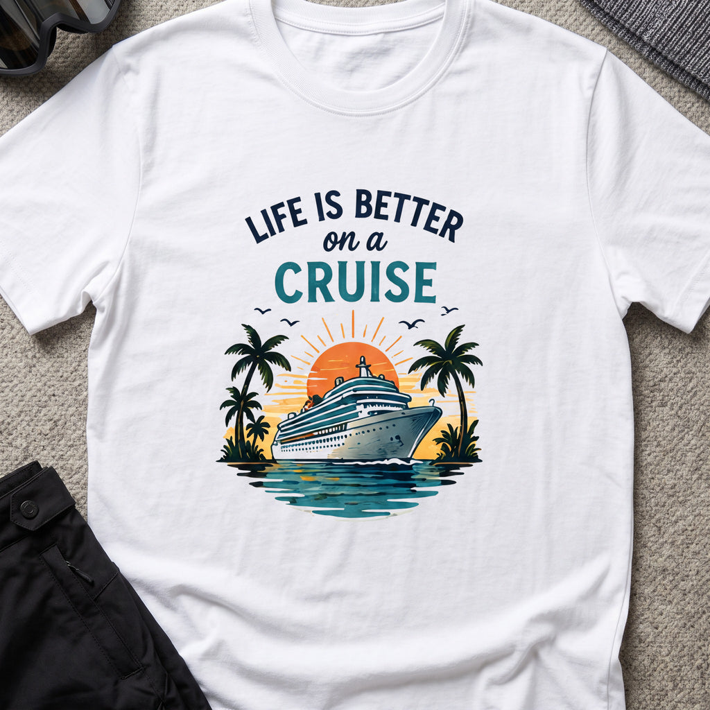 Life is Better on a Cruise T-Shirt in White, front view.