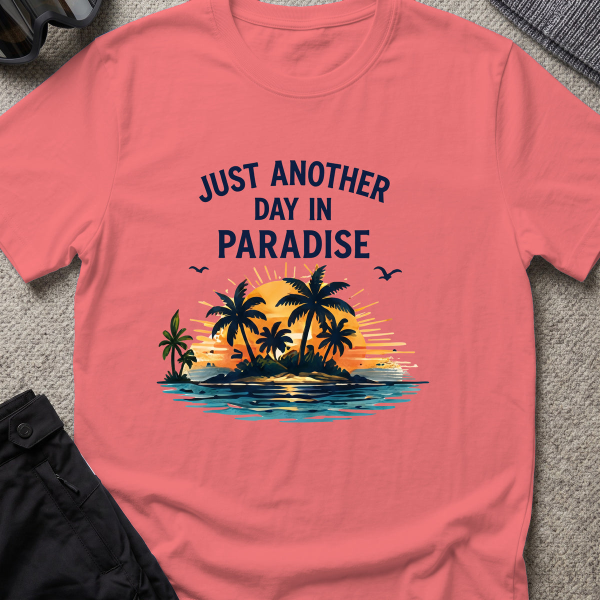 Just Another Day in Paradise T-Shirt in Coral Silk, front view.
