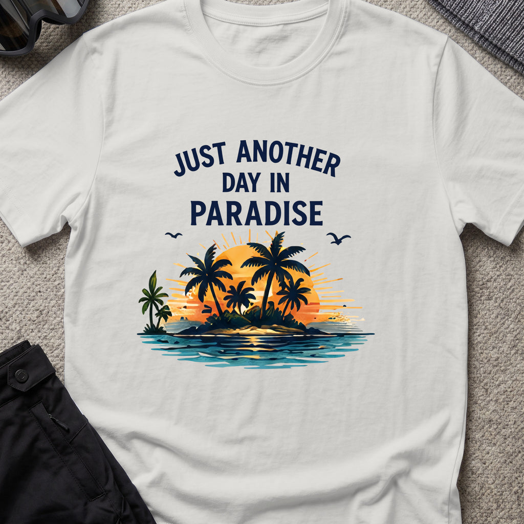 Just Another Day in Paradise T-Shirt in Ice Grey, front view.