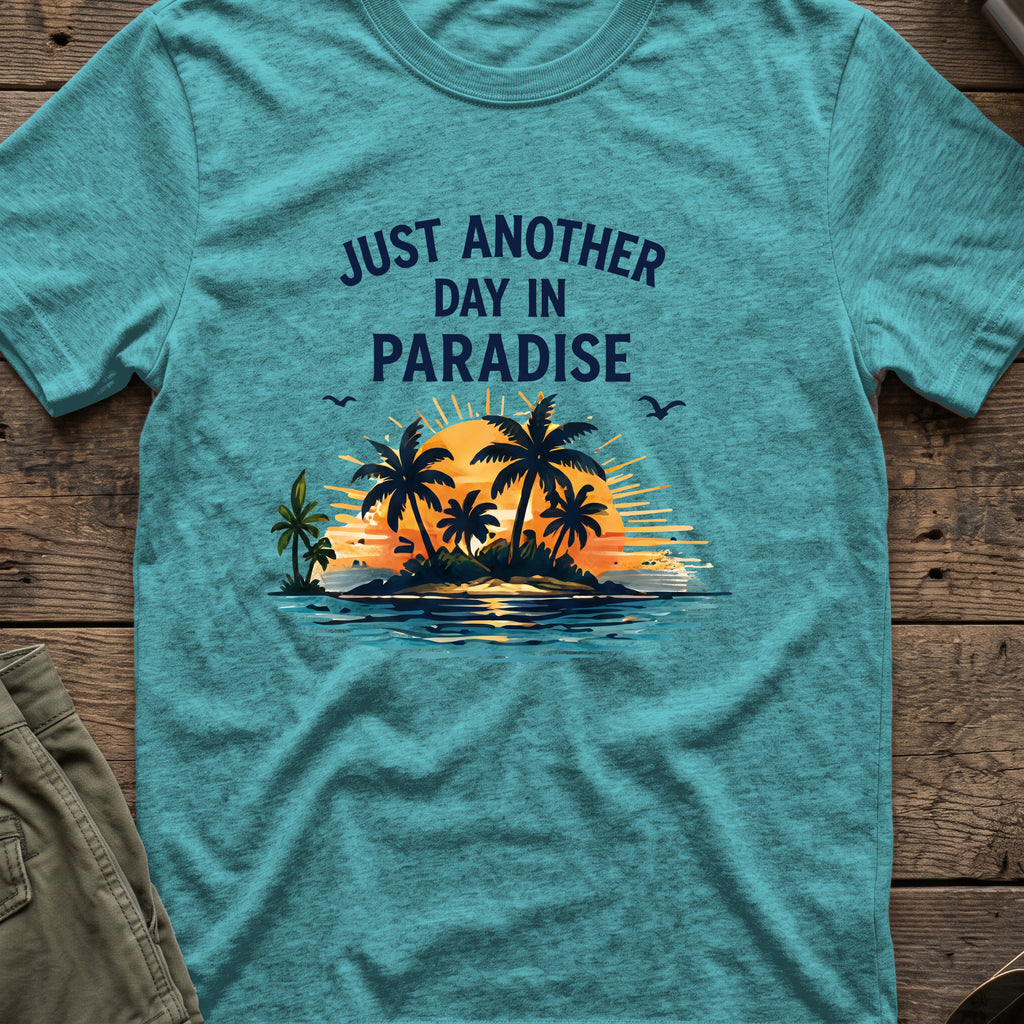 Just Another Day in Paradise T-Shirt in Heather Galapagos Blue, front view.