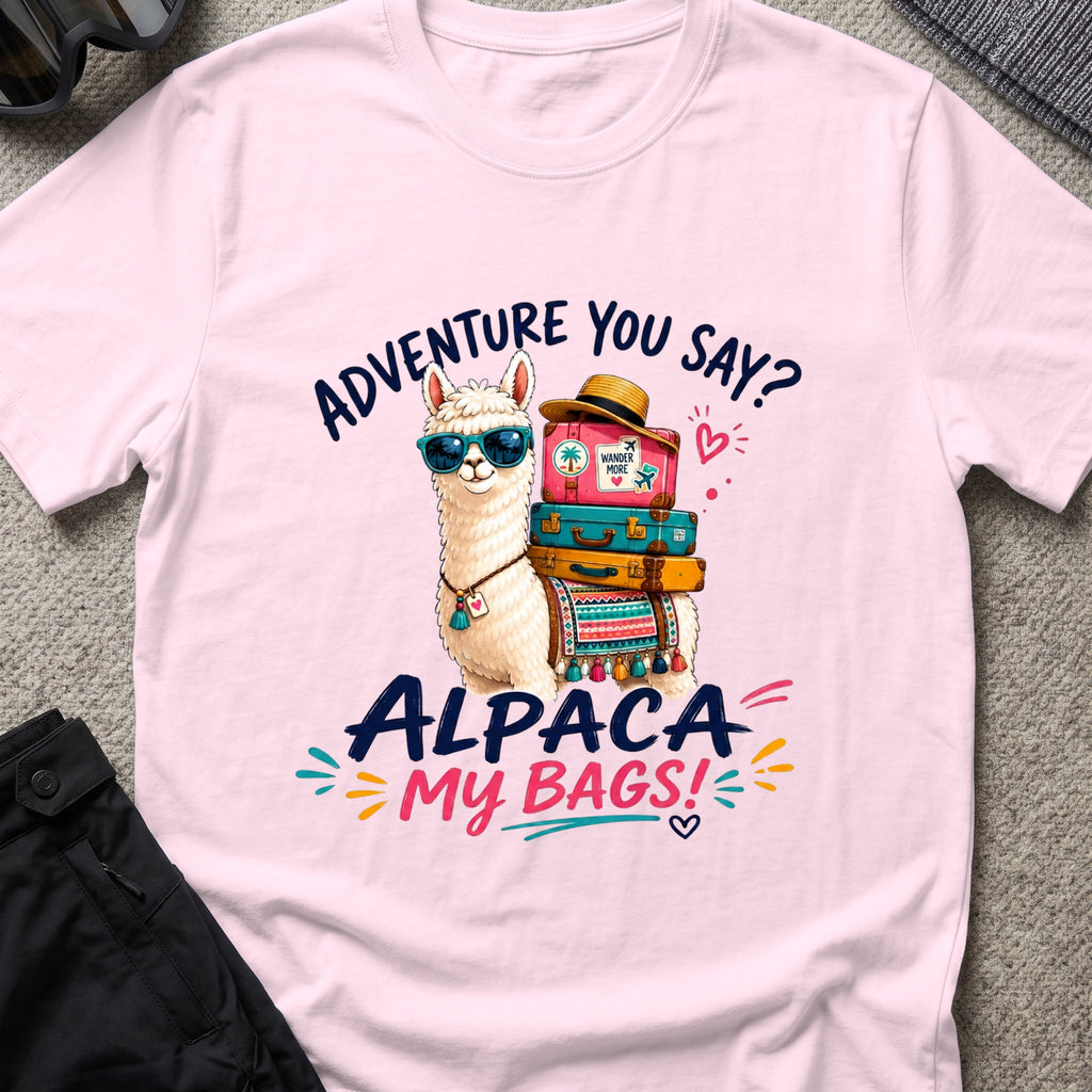 Alpaca My Bags T-Shirt in Light Pink, front view.