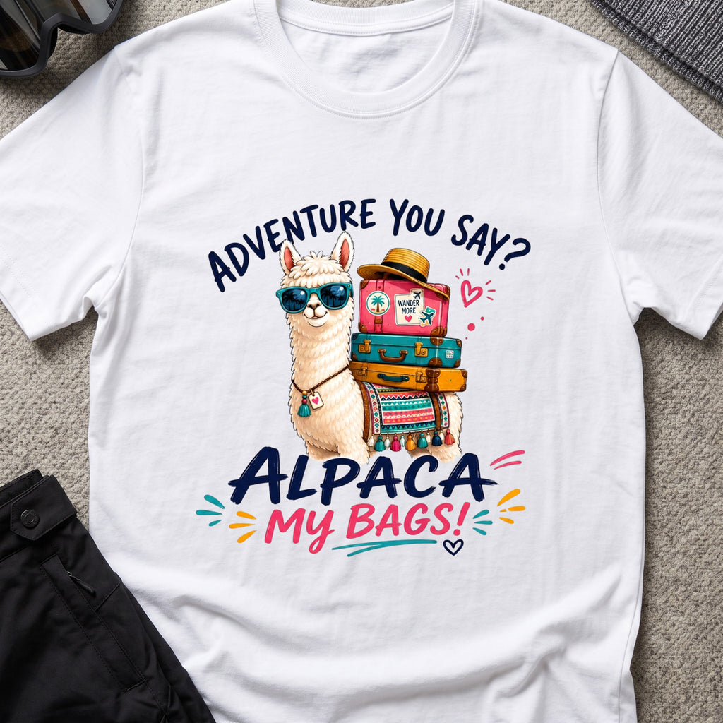 Alpaca My Bags T-Shirt in White, front view.