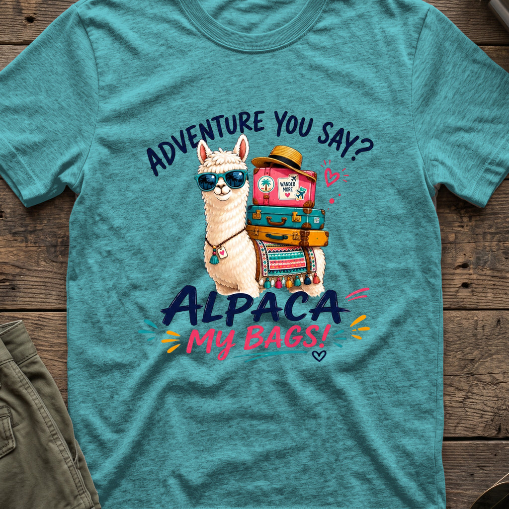 Alpaca My Bags T-Shirt in Heather Galapagos Blue, front view.