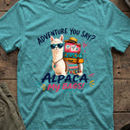 Alpaca My Bags T-Shirt in Heather Galapagos Blue, front view.