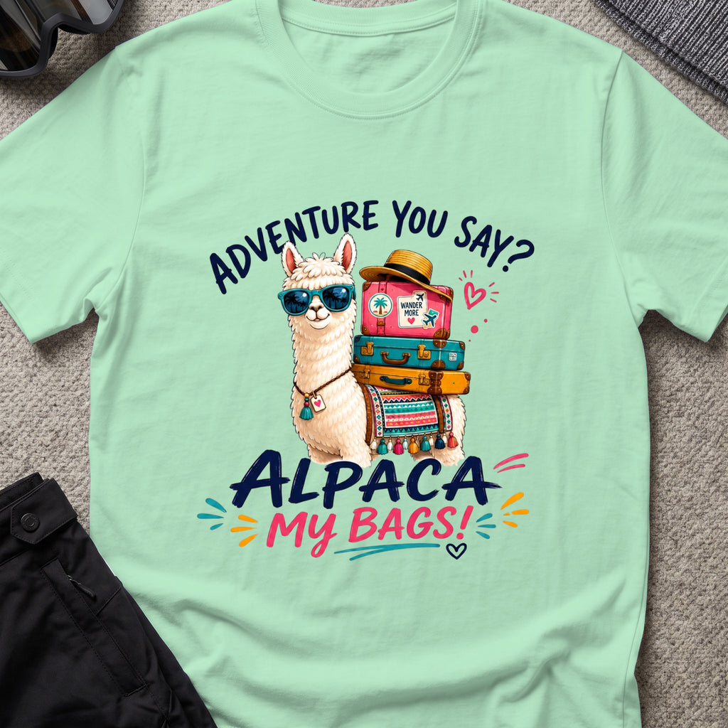 Alpaca My Bags T-Shirt in Mint Green, front view.