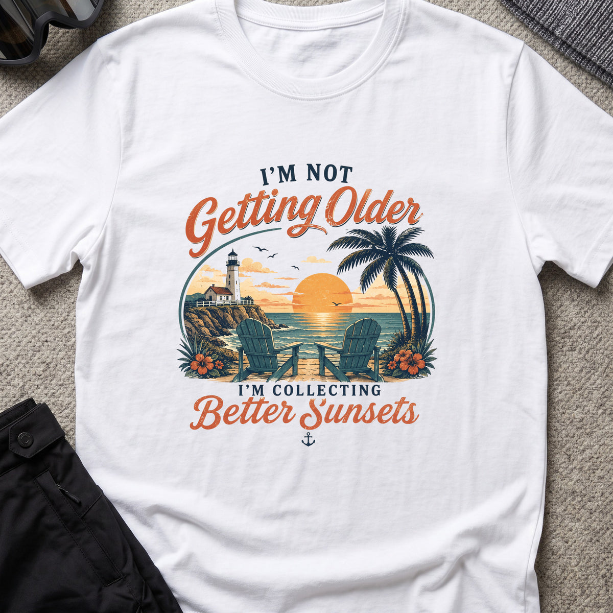 Chasing Better Sunsets T-Shirt in White, front view.