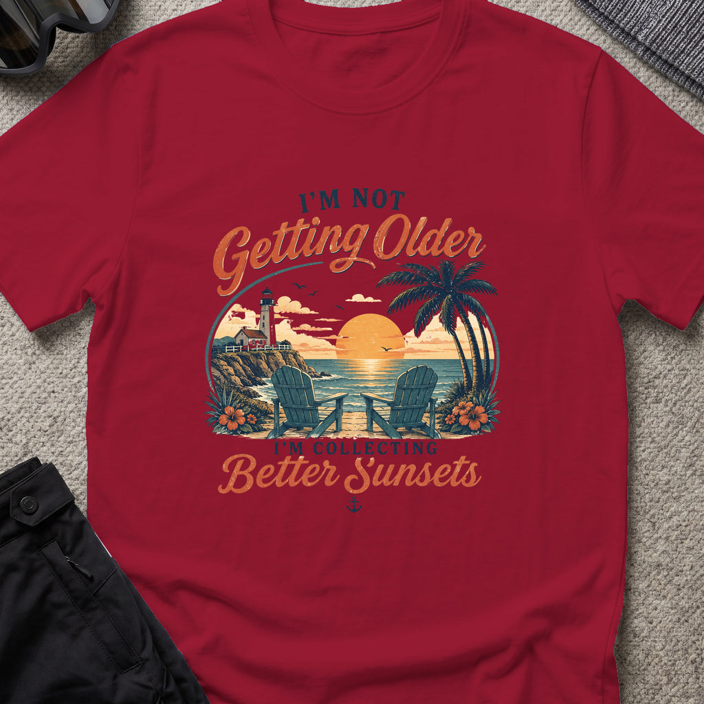 Chasing Better Sunsets T-Shirt in Cardinal Red, front view.