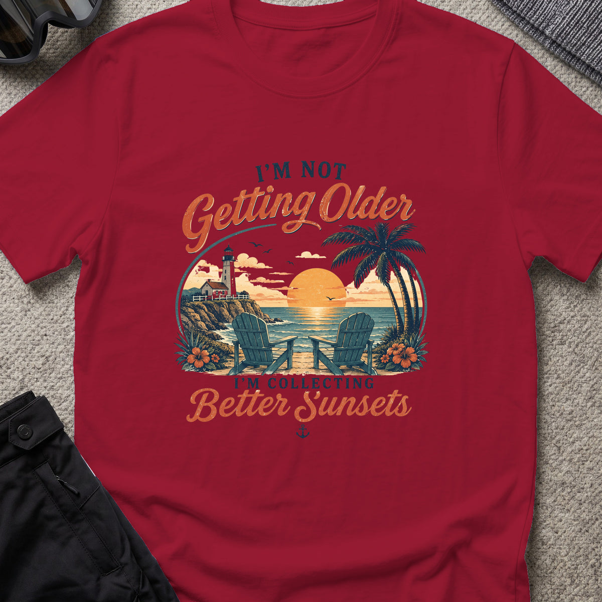 Chasing Better Sunsets T-Shirt in Cardinal Red, front view.