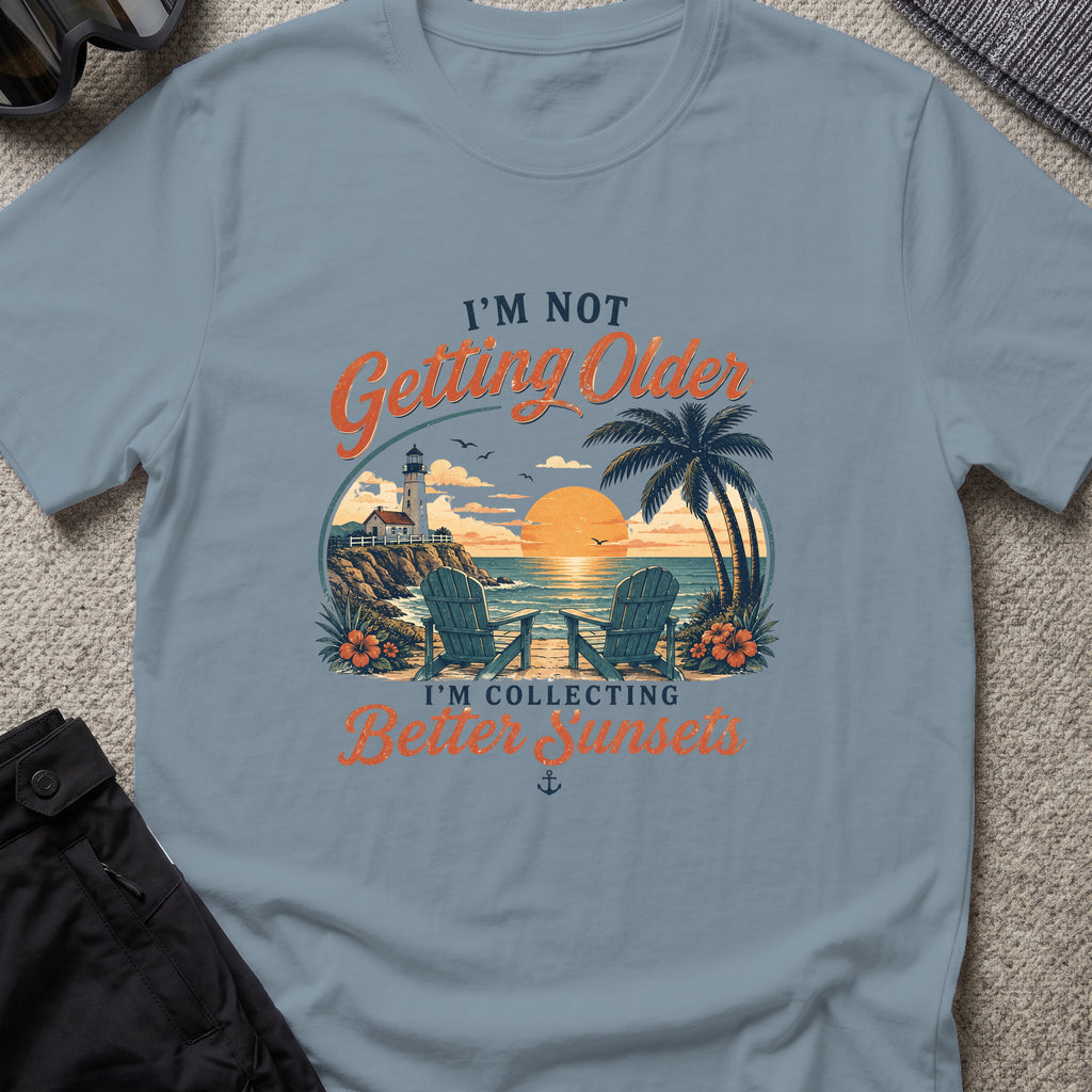 Chasing Better Sunsets T-Shirt in Stone Blue, front view.