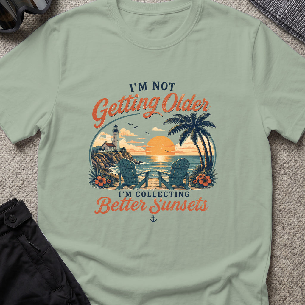 Chasing Better Sunsets T-Shirt in Sage, front view.