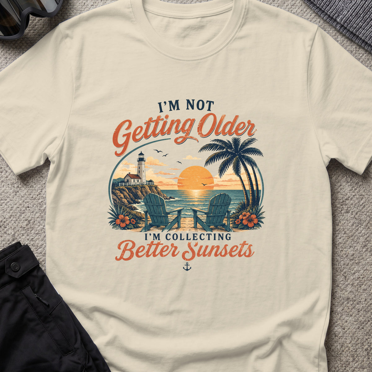 Chasing Better Sunsets T-Shirt in Sand, front view.