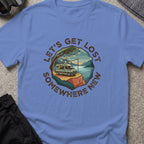 Let's Get Lost T-Shirt — Camper in Iris, front view.