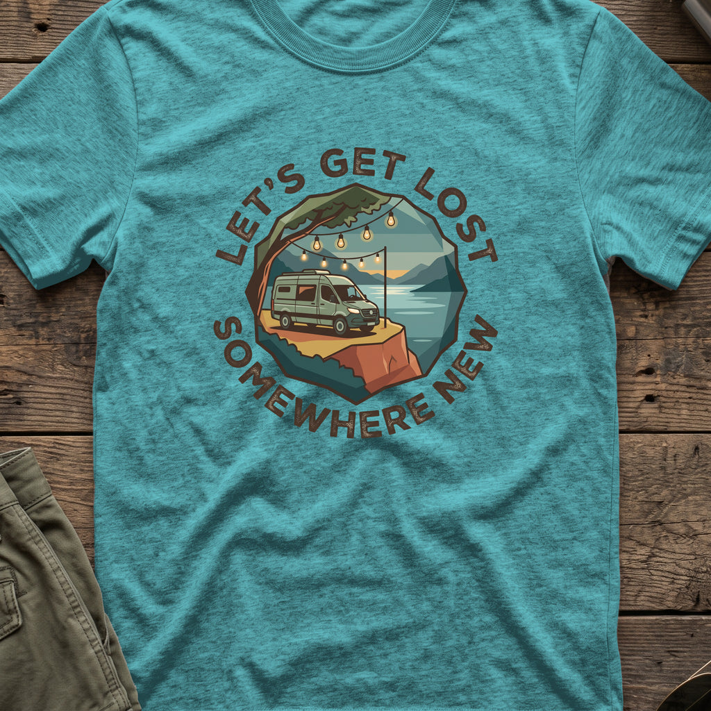 Let's Get Lost T-Shirt — Camper in Heather Galapagos Blue, front view.