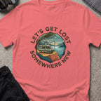 Let's Get Lost T-Shirt — Camper in Coral Silk, front view.