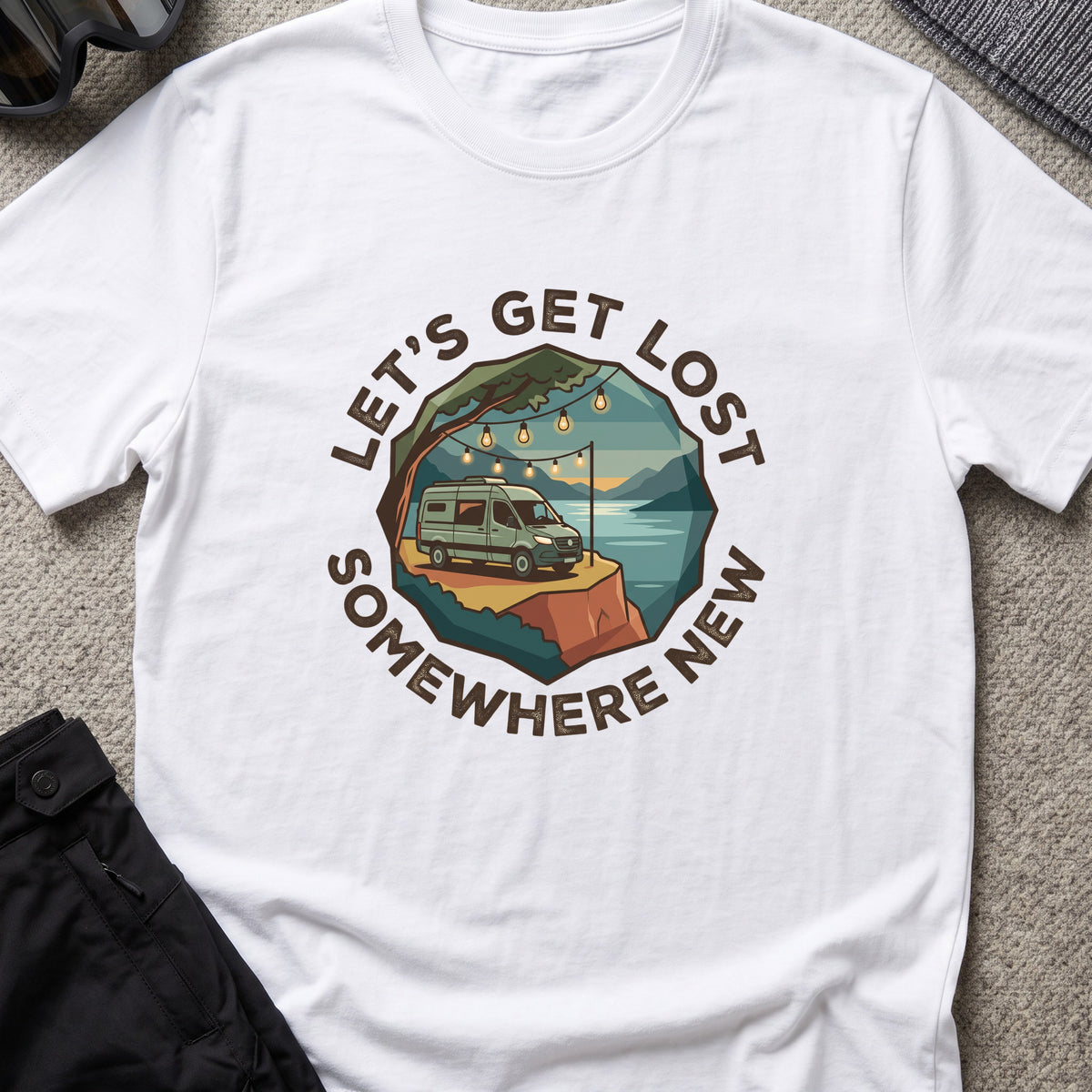 Let's Get Lost T-Shirt — Camper in White, front view.