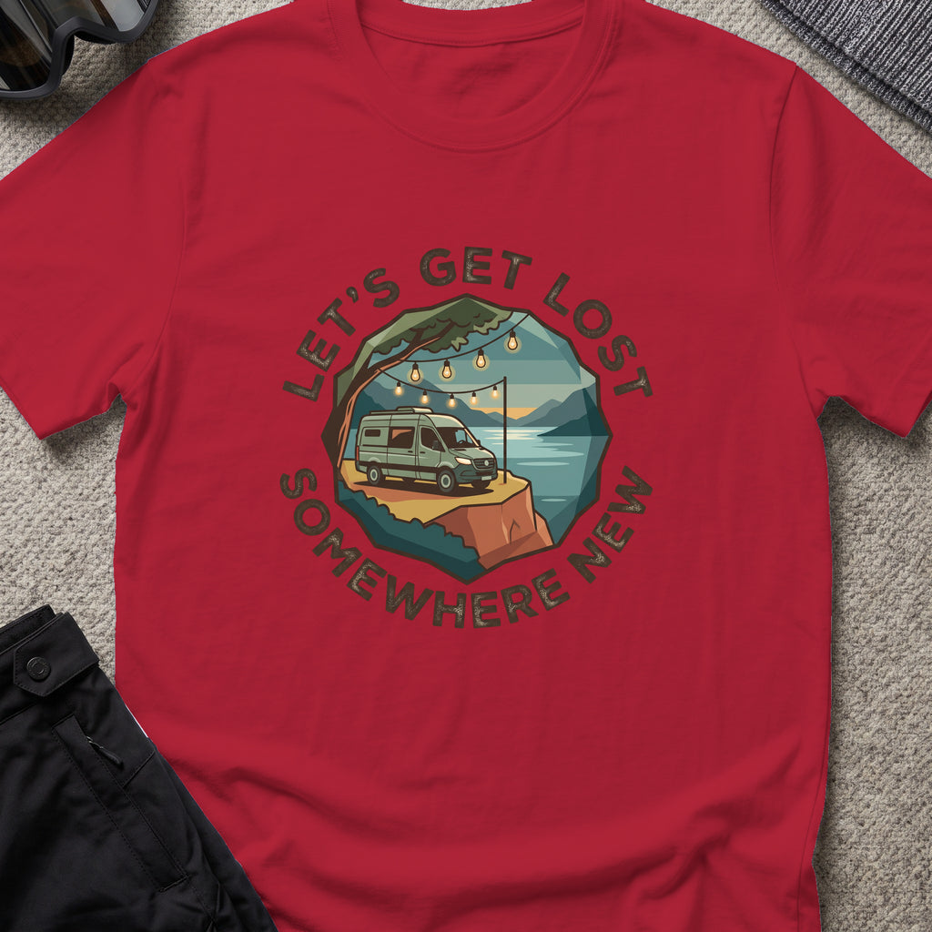 Let's Get Lost T-Shirt — Camper in Antique Cherry Red, front view.