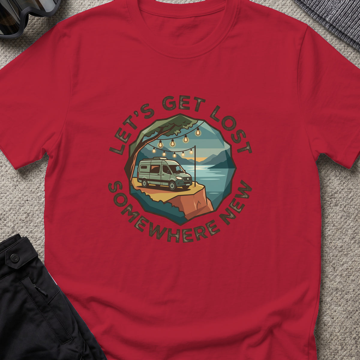 Let's Get Lost T-Shirt — Camper in Antique Cherry Red, front view.
