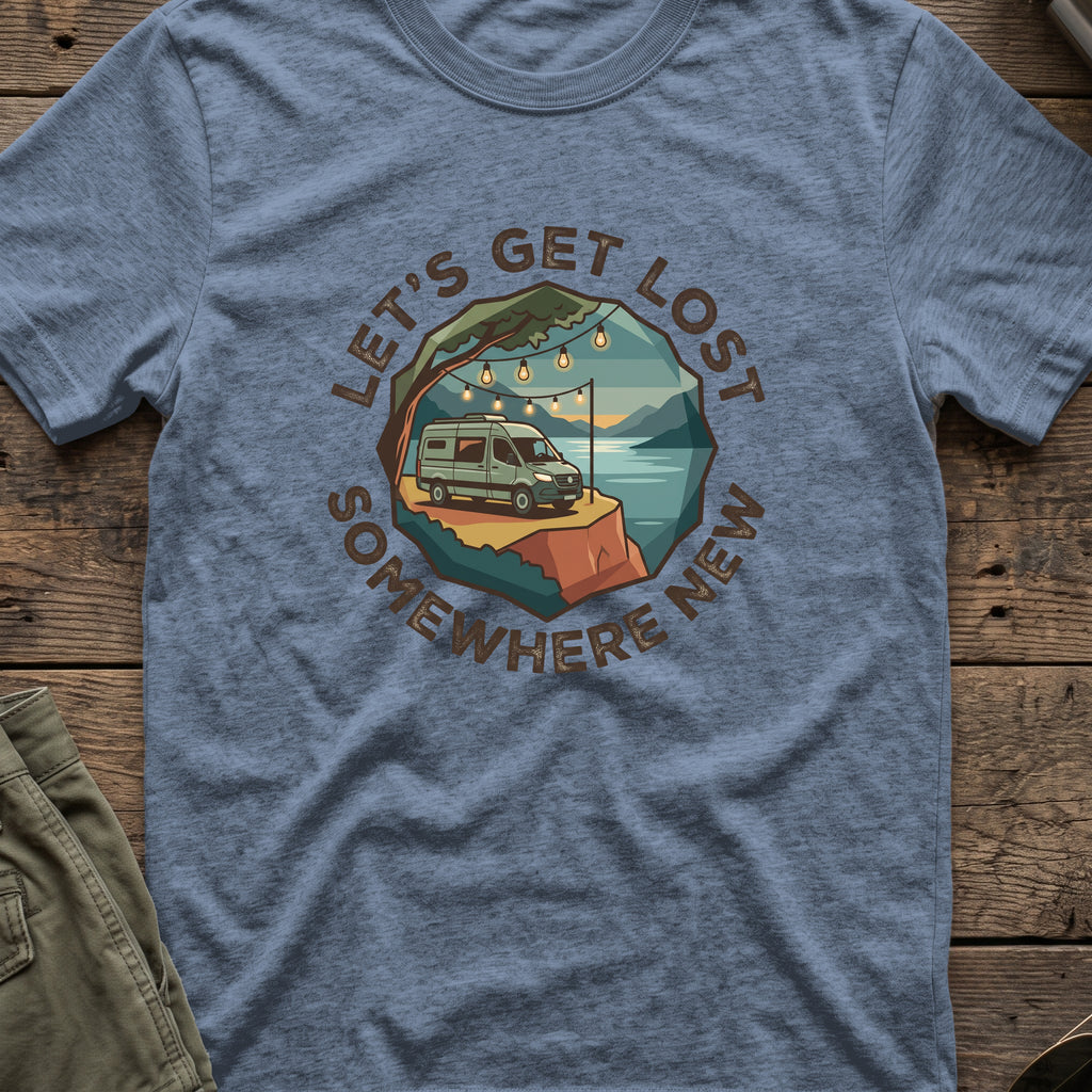 Let's Get Lost T-Shirt — Camper in Heather Indigo, front view.