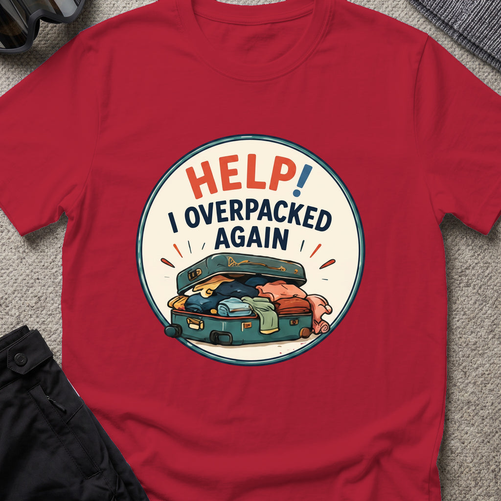 HELP I Overpacked Again T-Shirt in Antique Cherry Red, front view.