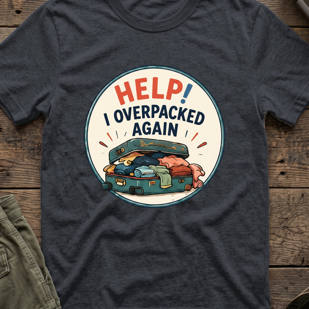HELP I Overpacked Again T-Shirt in Dark Heather Grey, front view.