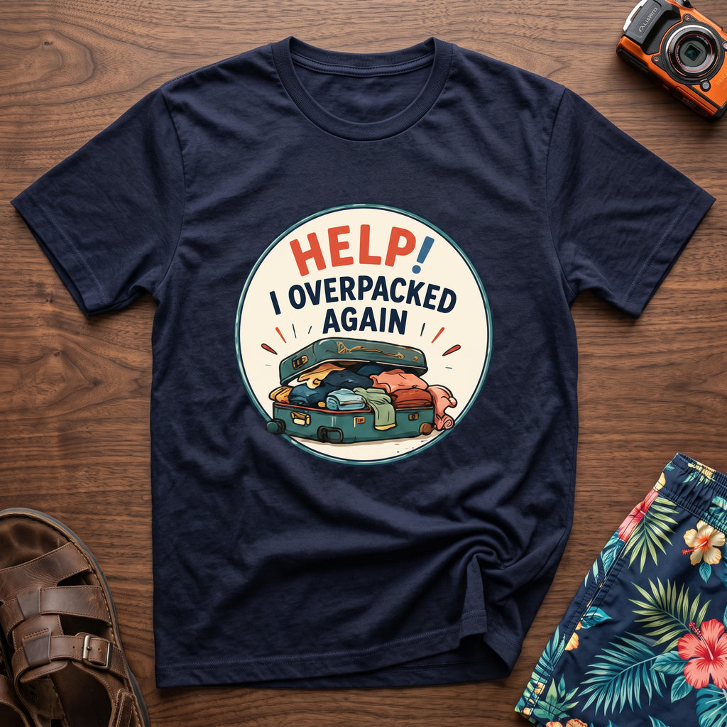 HELP I Overpacked Again T-Shirt in Navy, front view.
