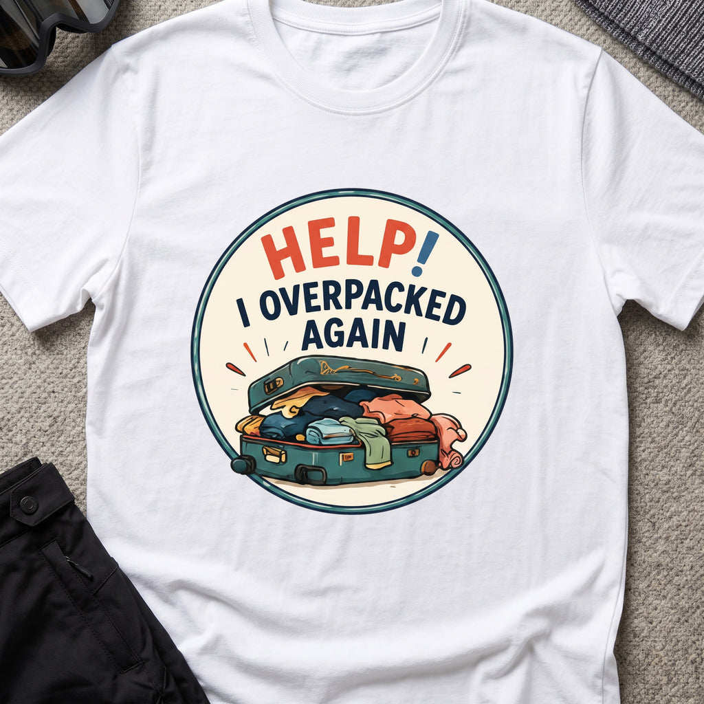 HELP I Overpacked Again T-Shirt in White, front view.