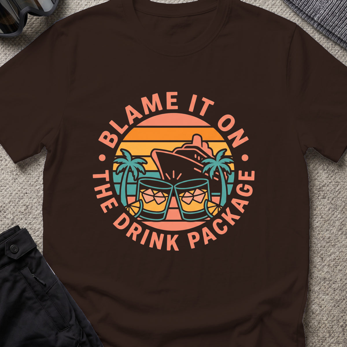 Blame it on the Drink Package T-Shirt in Dark Chocolate, front view.