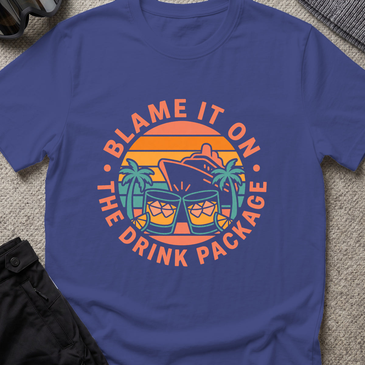 Blame it on the Drink Package T-Shirt in Metro Blue, front view.