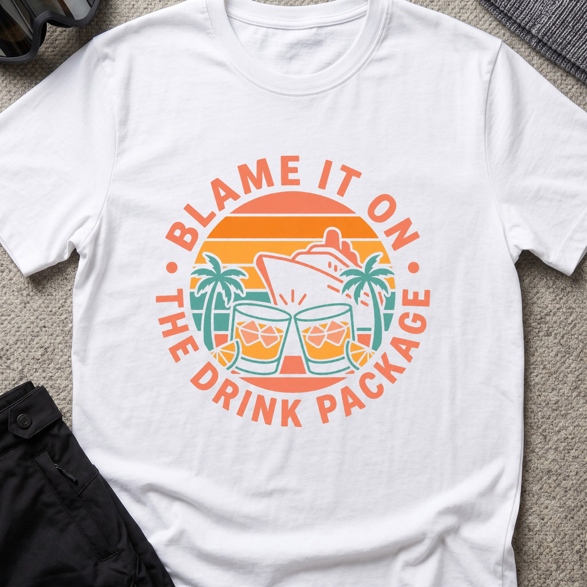 Blame it on the Drink Package T-Shirt in White, front view.