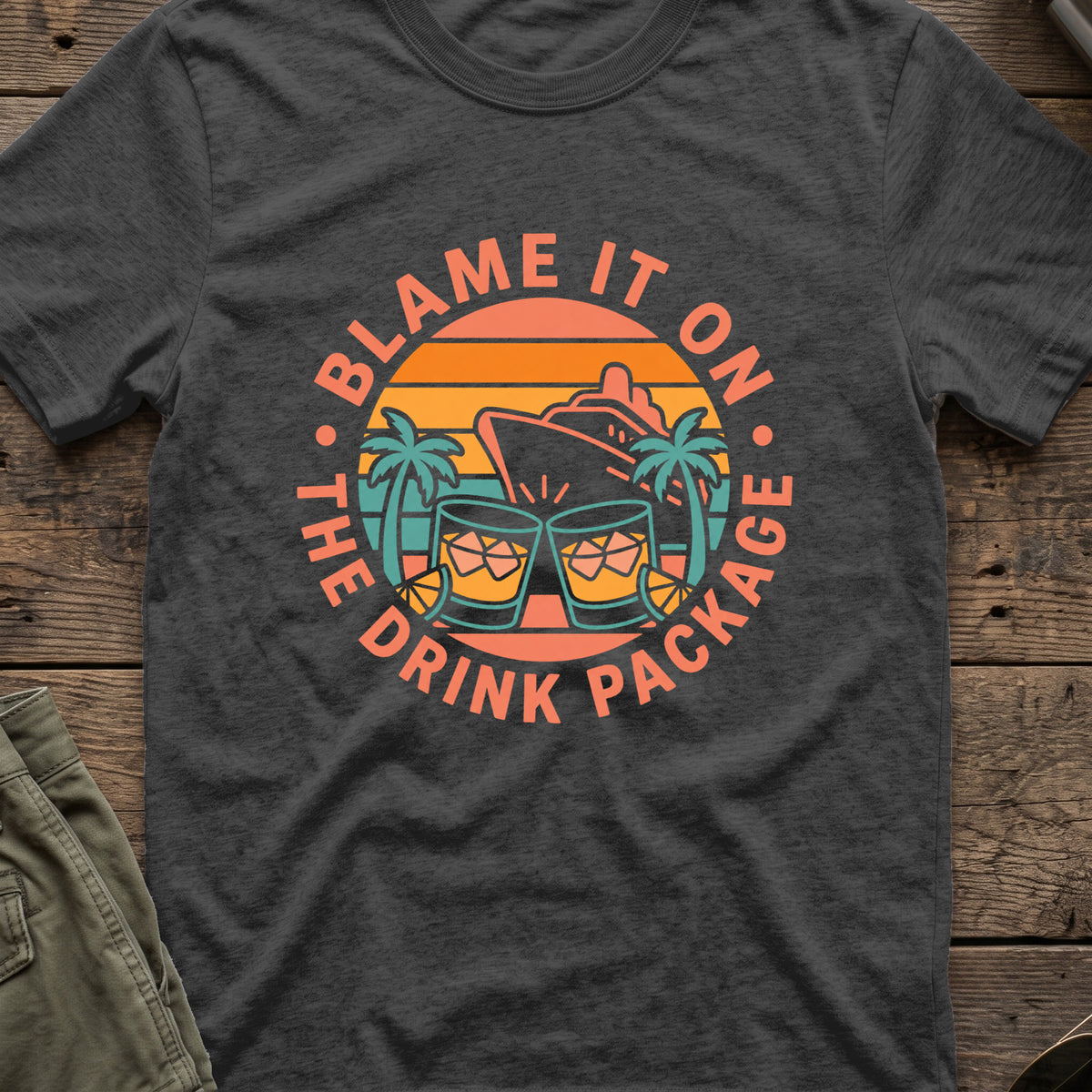 Blame it on the Drink Package T-Shirt in Dark Heather, front view.