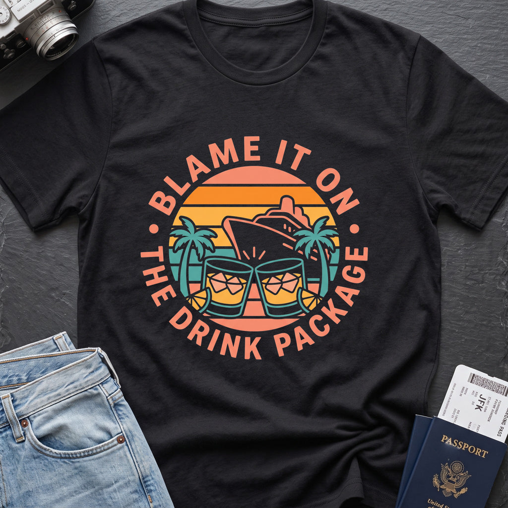 Blame it on the Drink Package T-Shirt in Black, front view.