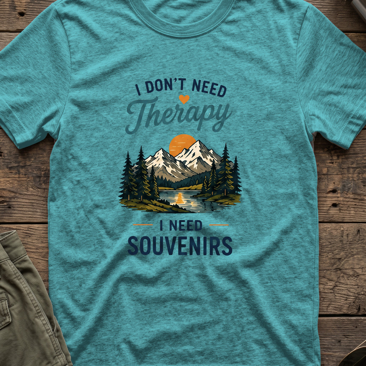 I Don't Need Therapy, I need Souvenirs T-Shirt in Heather Galapagos Blue, front view.
