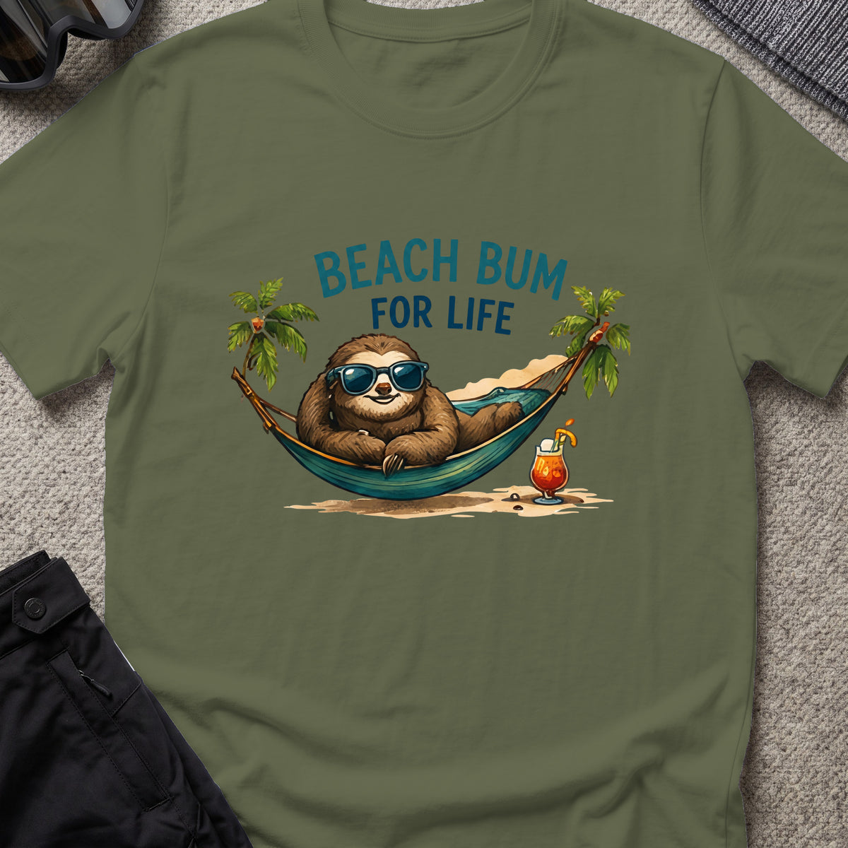 Beach Bum for Life T-Shirt in Military Green, front view.