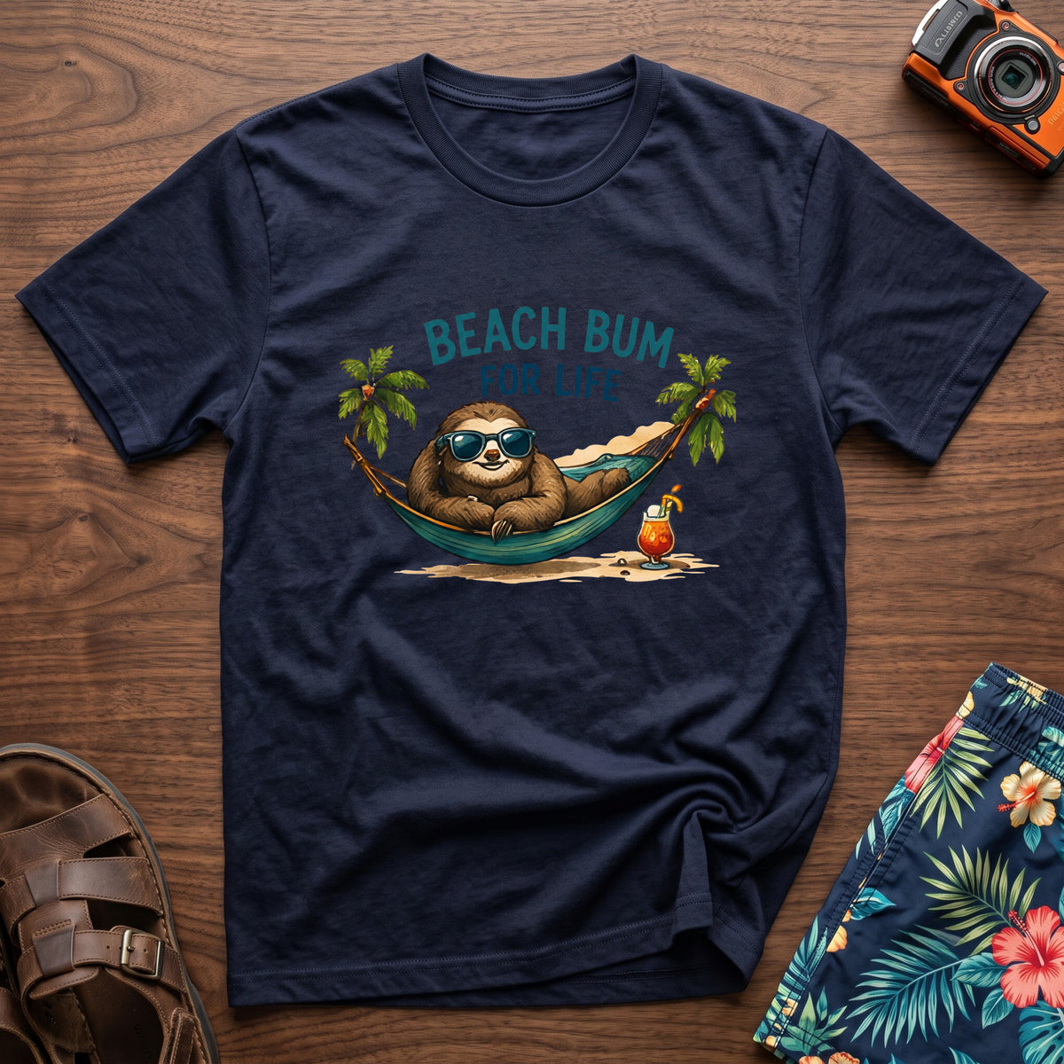Beach Bum for Life T-Shirt in Navy, front view.