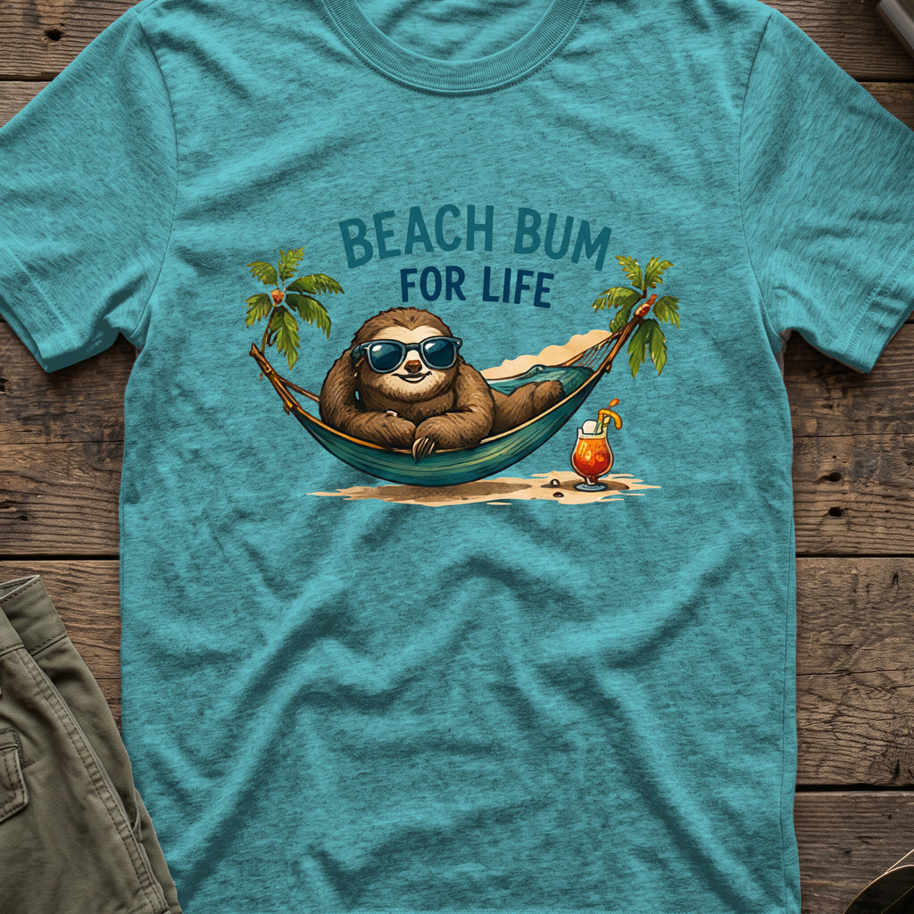 Beach Bum for Life T-Shirt in Heather Galapagos Blue, front view.
