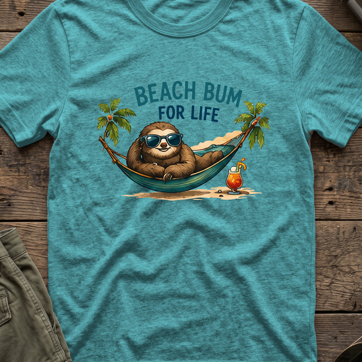 Beach Bum for Life T-Shirt in Heather Galapagos Blue, front view.