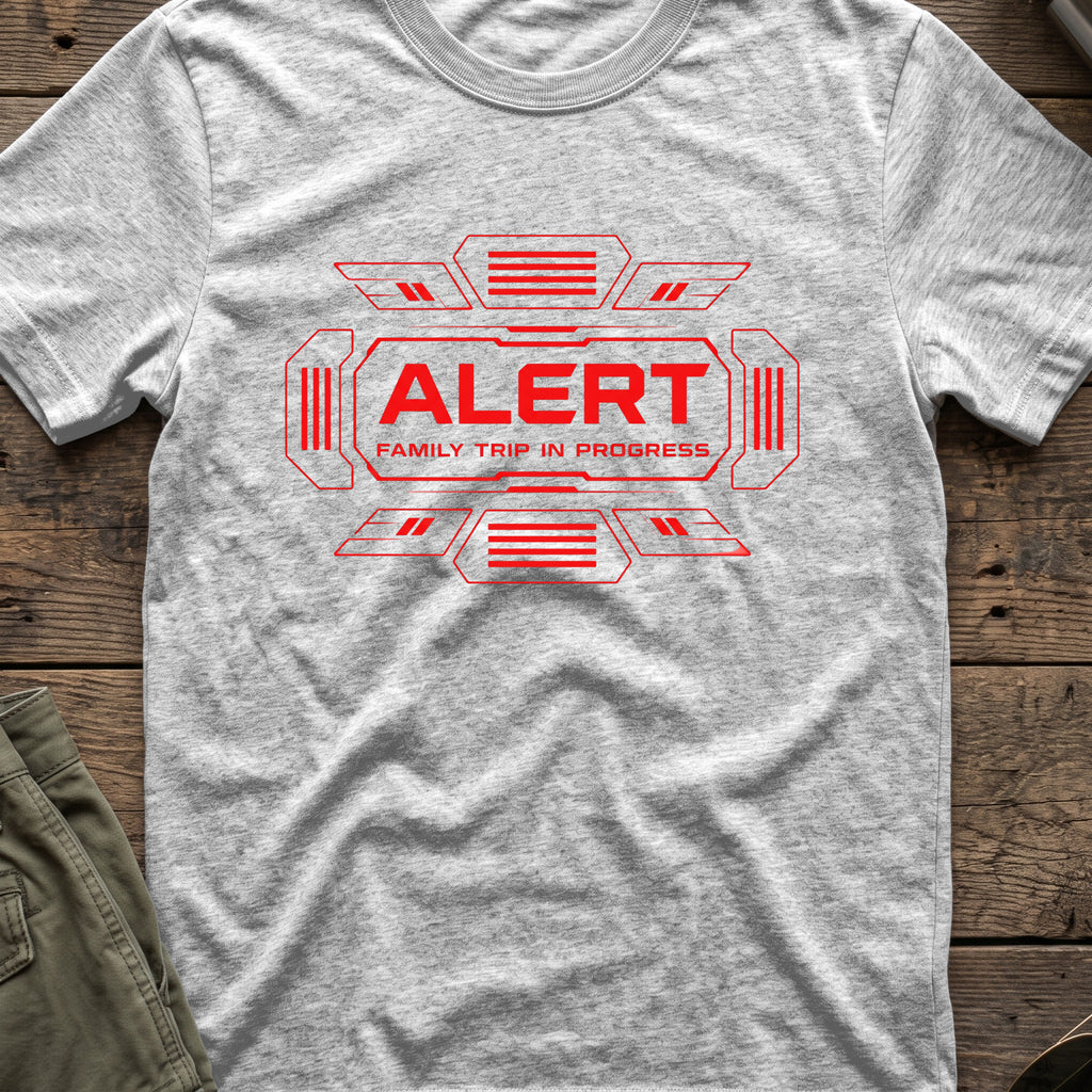 Alert Family Trip T-Shirt in Sport Grey, front view.