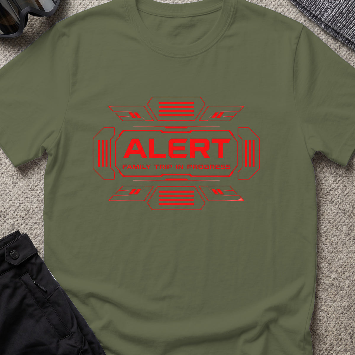 Alert Family Trip T-Shirt in Military Green, front view.
