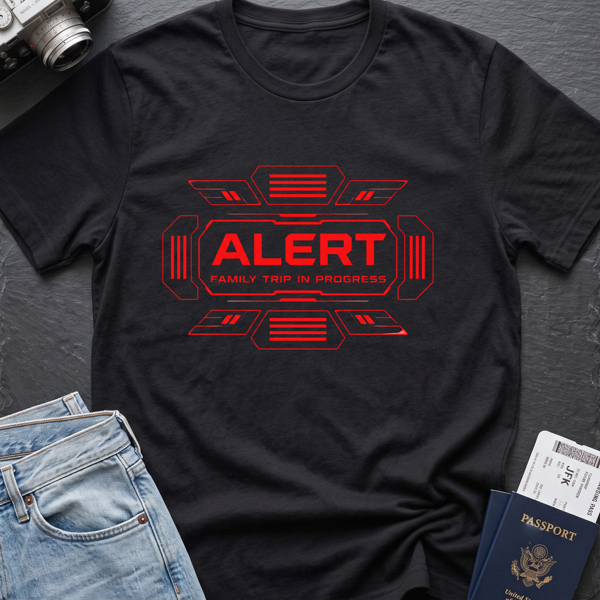 Alert Family Trip T-Shirt in Black, front view.
