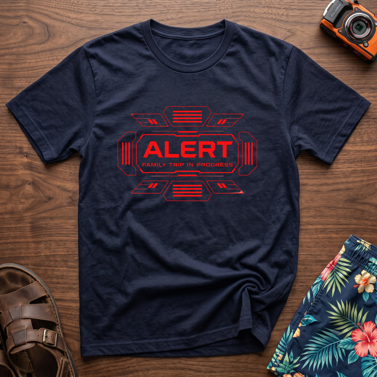 Alert Family Trip T-Shirt in Navy, front view.