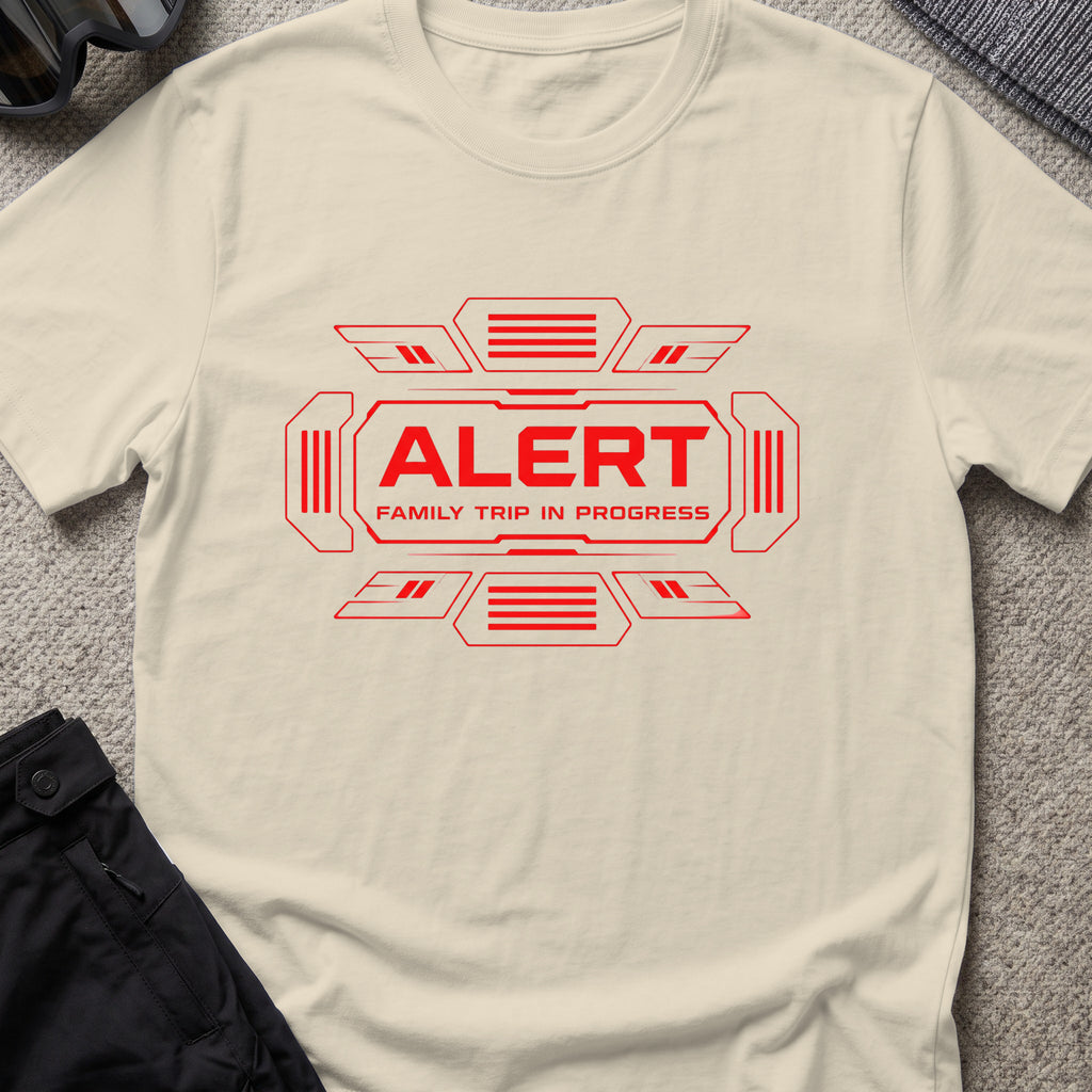 Alert Family Trip T-Shirt in Sand, front view.