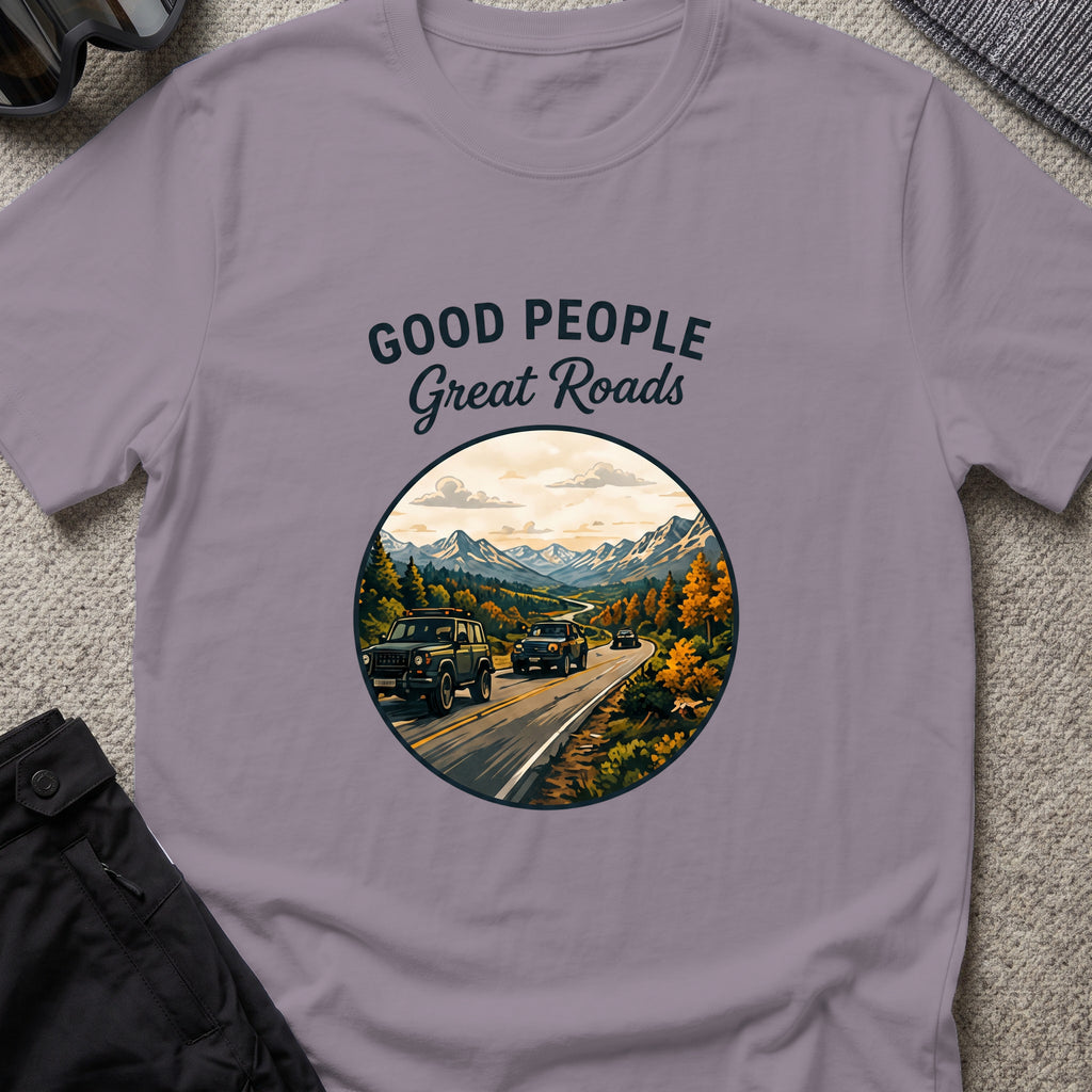 Good People Great Roads T-Shirt in Paragon, front view.