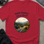 Good People Great Roads T-Shirt in Antique Cherry Red, front view.