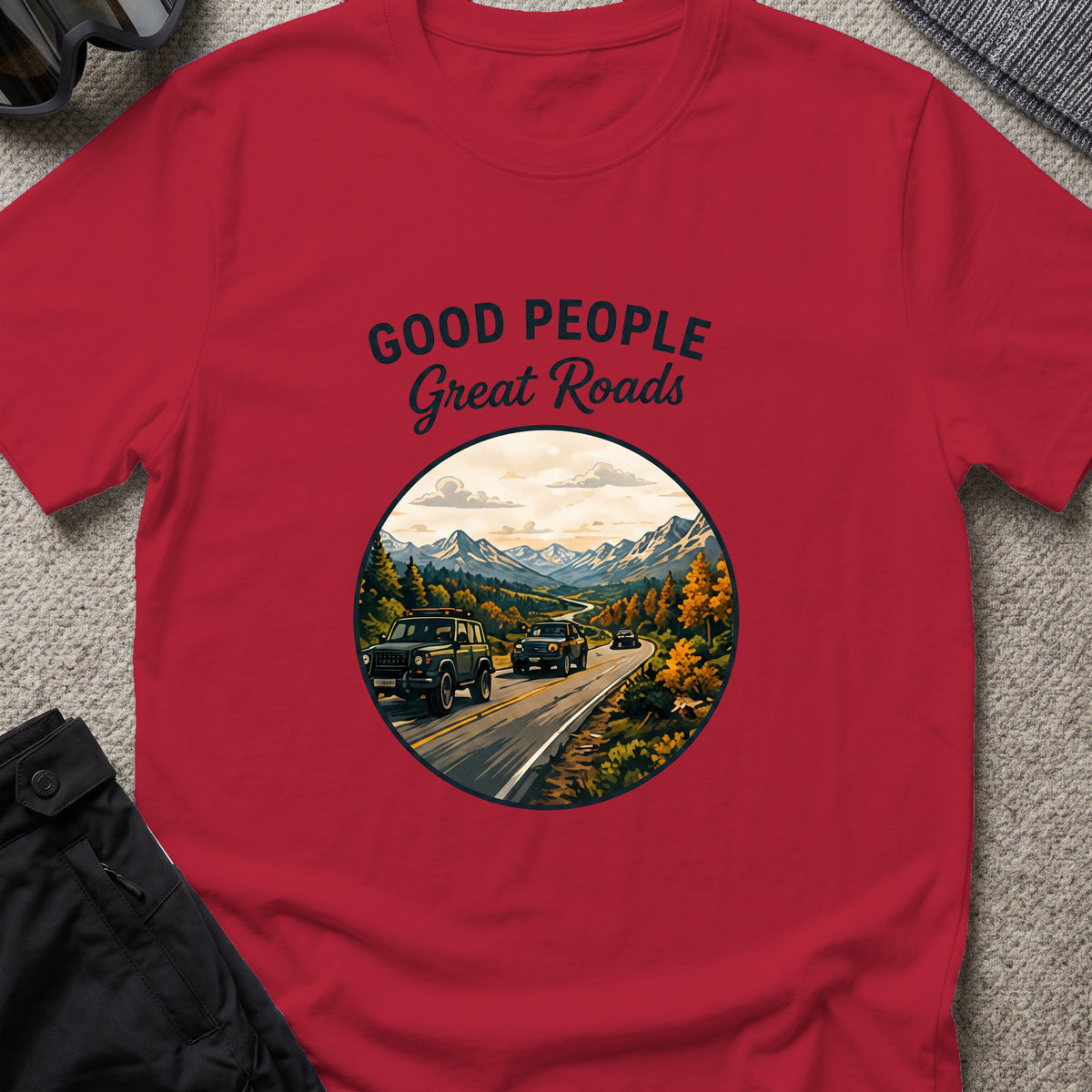 Good People Great Roads T-Shirt in Antique Cherry Red, front view.