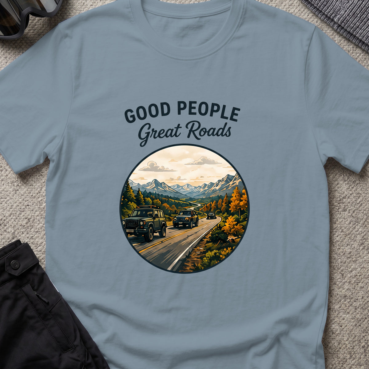 Good People Great Roads T-Shirt in Stone Blue, front view.