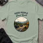 Good People Great Roads T-Shirt in Sage, front view.