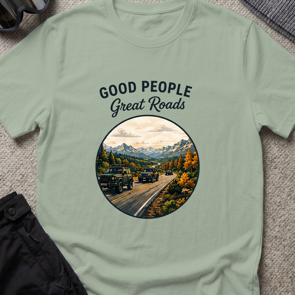 Good People Great Roads T-Shirt in Sage, front view.