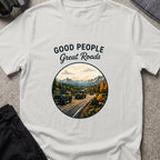 Good People Great Roads T-Shirt in Ice Grey, front view.