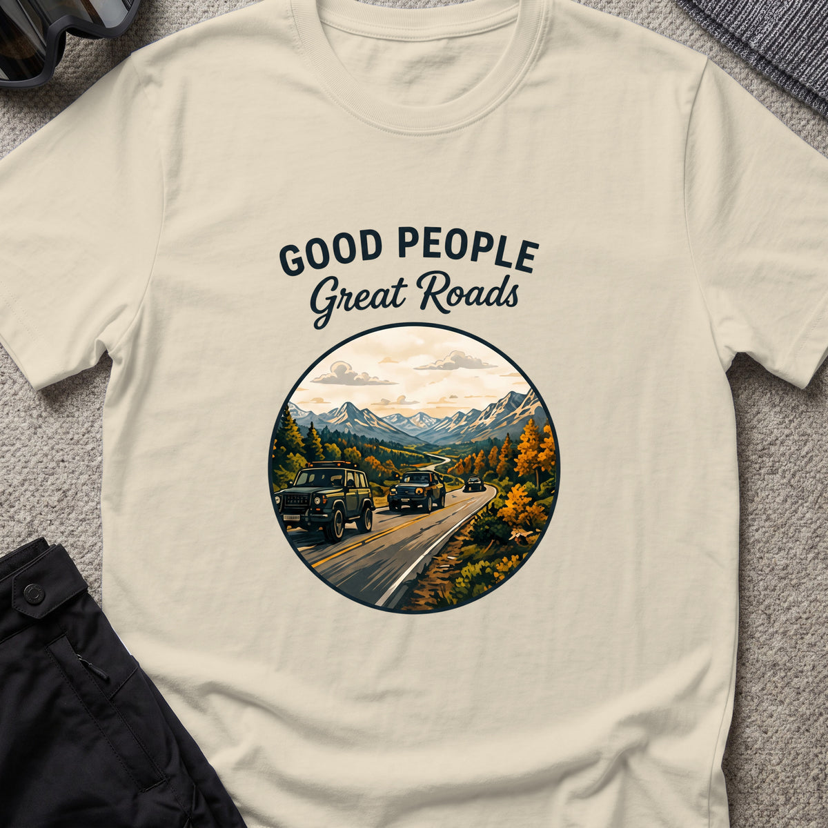 Good People Great Roads T-Shirt in Sand, front view.