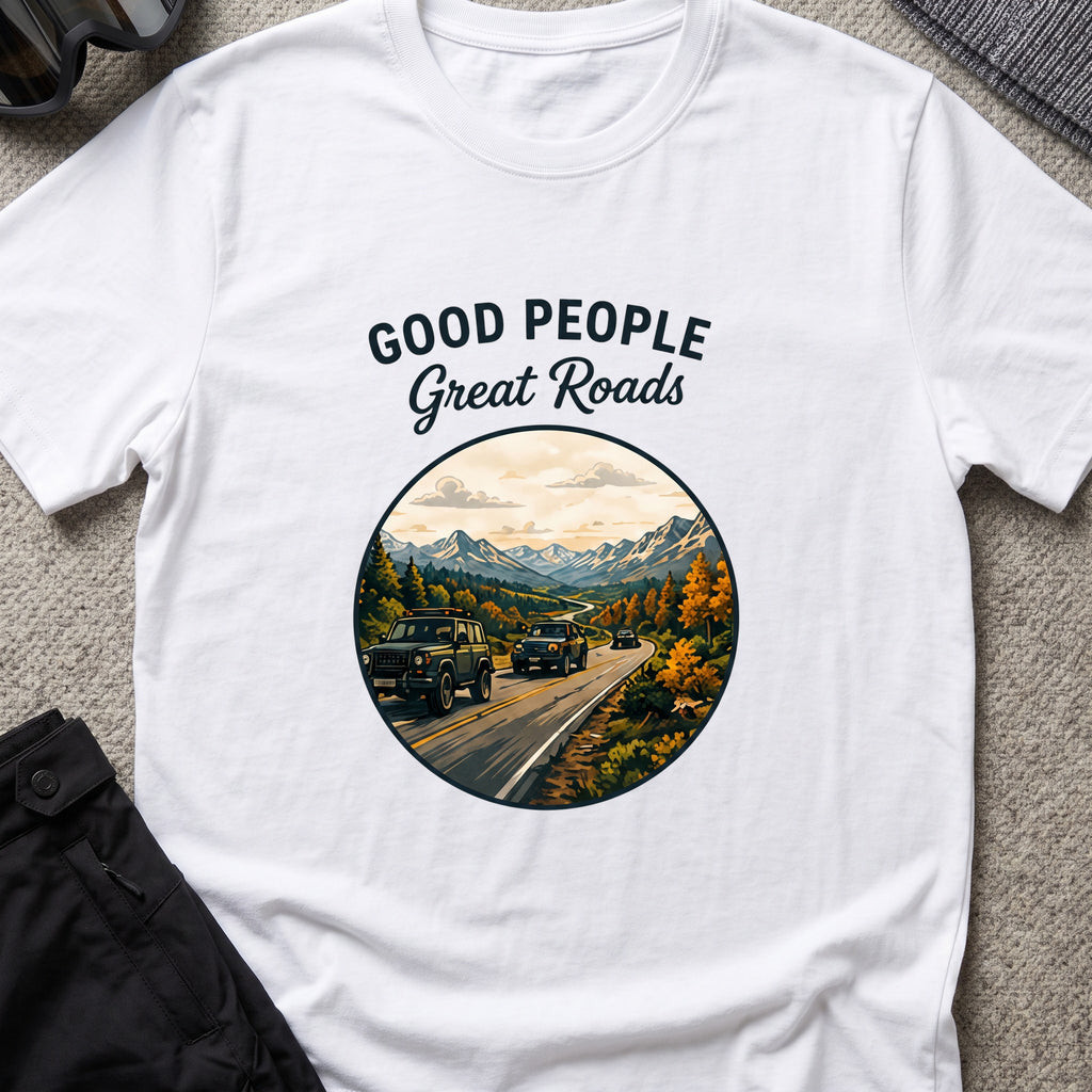 Good People Great Roads T-Shirt in White, front view.